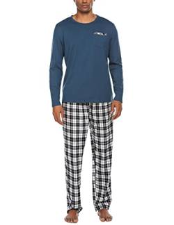 Ekouaer Schlafanzug Herren Lang Pyjama Set Baumwolle Langarm Shirt mit Tasche Pyjamahose Zweiteilig Nachtwäsche Blau XXXL von Ekouaer