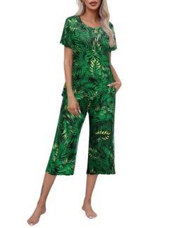 Ekouaer Schlafanzug für Damen Süß Druck Pyjama Kuschelhose O-Ausschnitt Pyjamas Set Blatt Grün M von Ekouaer