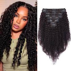 Elailite Afro Haarteile Echthaar Clip in Extensions für Ganzen Kopf Remy 8 Set Doppelt Tressen 18 Clips Kinky Curly 50cm 120g #1B Naturschwarz von Elailite