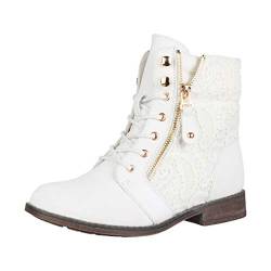 Elara Damen Stiefeletten Worker Boots Spitze Chunkyrayan B9812-KB-Weiss-37 von Elara