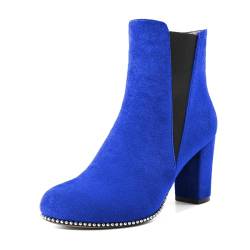 Elashe Damen Chelsea Boots mit Blockabsatz Frauen Stiefel Runde Zehen Stiefeletten Wildleder Schuhe 8.5CM Royalblau EU40 von Elashe