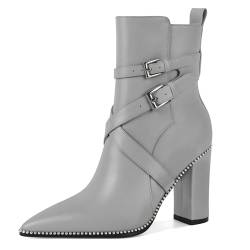 Elashe Damen Chunky Heel Stiefeletten Spitz Toe Stiefel High Heel Stiefel mit Seitenreißverschluss und Schnalle Kleid Silber Perlen 3.7 Inch Grau EU43 von Elashe