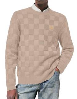 Elegancity Pullover Herren Rundhalsausschnitt Karierter Pullover Langarm Winter Schachbrett Strickpullover Regular Fit Pergament 2XL von Elegancity