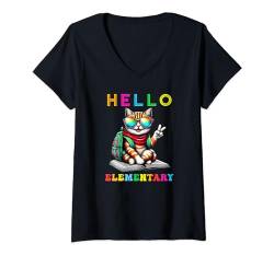 Damen Hallo Elementary Cat Lover Back to School Teacher Kids T-Shirt mit V-Ausschnitt von Elementary First Day of School Outfits Boy Girl