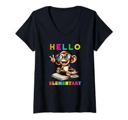 Damen Hallo Elementary Monkey Lover Back to School Kids Boy Girl T-Shirt mit V-Ausschnitt von Elementary First Day of School Outfits Boy Girl