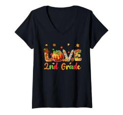 Damen LOVE 2nd Grade Thanksgiving Fall Leaves Pumpkins Students T-Shirt mit V-Ausschnitt von Elementary School Thanksgiving Costume