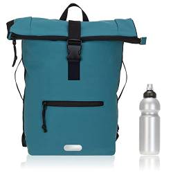 Elephant Rucksack Herren Plane Time Bag Kurierrucksack Roll-Top Fahrradrucksack Sport Fitness Damen 23 Liter A4 12821 + Flasche (12825 Petrol Uni) von Elephant