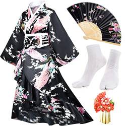 Elibelle Damen Kimono Robe Geisha Yukata Sweet Smoking Rüschen Kleid Blüte Satin Bademantel Nachtwäsche Fans Tabi Socken Set, Typ2-Schwarz, L von Elibelle