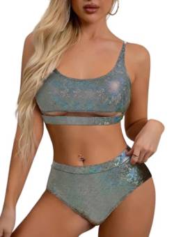 Ella Lust Glitzer-Rave-Outfits für Frauen – Festival, sexy, U-Ausschnitt, Unterbrustausschnitt, bauchfreies Top, hohe Taille, Bikini-Set, Schwarz, S von Ella Lust