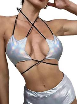 Rave Star Top Für Damen - Festival Outfit Sexy Spaghettiträger Rücken Verkreuzt Sport Bh Taillenketten Nightclub Body Frauen Weste Verschiedene Tragemethoden Ärmellos Crop Tops(SilverHolo,S,1078r) von Ella Lust