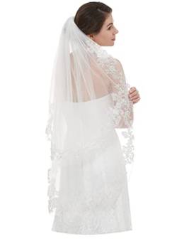 EllieHouse Damen kurz 2 Tier Spitze Hochzeit Brautschleier mit kamm 2 t (1st Tier 70cm / 27inch, 2. Stufe 90 cm / 35 Zoll) Ivory 2 & mit perlen von EllieHouse