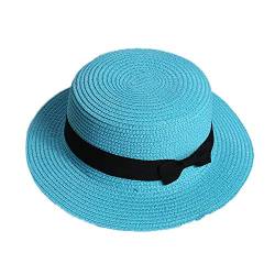 Elonglin Damen Mädchen Jungen Flacher Hut Schleife Strohhut Strand Sonnenhüte atmungsaktiv schnell trocknend Sommer im Urlaub Himmelblau Erwachsen-Modell von Elonglin