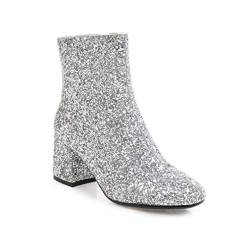 Elyffany Damen-Stiefeletten mit mittelhohem Blockabsatz, Glitzer, Reißverschluss, Party, Abschlussball, silber, 37.5 EU von Elyffany