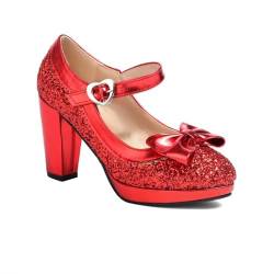 Elyffany Mary Jane Damen-Pumps mit hohem Absatz, glitzernde Pailletten, glitzernde Schleife, Pumps, Rot/Ausflug, einfarbig (Getaway Solids), 38 EU von Elyffany