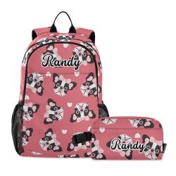 Emelivor Individuelle bunte Schildkröten-Rucksäcke für Mädchen, Jungen, Kinder, Rucksack, Büchertasche mit Lunchtasche, Herz-Bulldogge, Large, Herz-Bulldogge von Emelivor