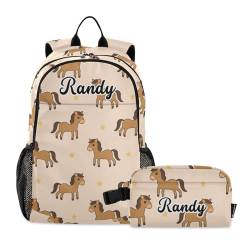 Emelivor Individuelle schöne weiße Lamas-Kaktus-Rucksäcke für Mädchen, Jungen, Kinder, Schultaschen mit Lunchbox-Tasche, Niedliche Pferde mit Sternen, Large, Niedliche Pferde mit Sternen von Emelivor