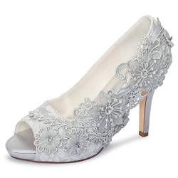 Emily Bridal Brautschuhe Spitze Hochzeitsschuhe Spitze Peep Toe High Heel Brautschuhe (EU36, Silber) von Emily Bridal