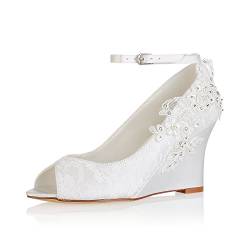 Emily Bridal Spitze Hochzeitsschuhe Elfenbein Peep Toe Blumen Detail Wedge Schuhe Knöchelriemen Brautschuhe (EU40, Elfenbein) von Emily Bridal