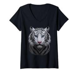 Damen Weißer Bengalischer Tiger T-Shirt mit V-Ausschnitt von Emliimse black art tees.