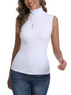 Enjoyoself Damen Rolli Top Ärmelloses Rollkragenshirt Gerippt Dünn Leicht Unterziehrolli Dehnbar Basic Top mit Stehkragen Weiß,S von Enjoyoself