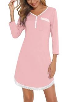 Enjoyoself Damen Spitzen Nachthemd Sexy V Ausschnitt Nachtwäsche mit Kontrastfarbene Knopfleiste 3/4 Arm Kurz Schlafkleid Rosa,XL von Enjoyoself