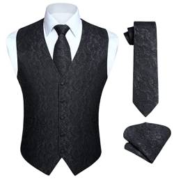 Enlision Anzugweste Schwarz Herren Hochzeit Paisley Westen & Krawatte Einstecktuch Party Floral Jacquard Anzug Weste Set S von Enlision