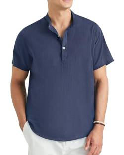 Enlision Leinenhemd Herren Kurzarm Navy Blau Hemd Baumwolle Leichtes Sommerhemd Herren Freizeithemden für Männer Henley Shirt Regular Fit S von Enlision