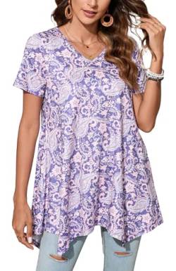 Enmain Damen Tunika Kurzarm Sommer V Ausschnitt Große Größen Blusen Tuniken Blumen Muster Oberteile Für Frauen T-Shirt Casual Damenblusen,Mauve,3XL von Enmain