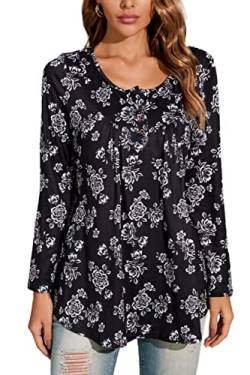 Enmain Damen Tunika Longshirt Große Größen Langarm Shirt Tunika Damen V-Ausschnitt Longbluse Shirt Casual Elegante Tunika Tops mit Knöpfen Paisley Blumen T-Shirt Damen S Schwarz von Enmain