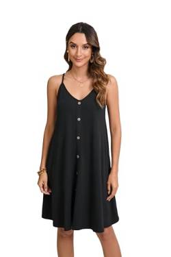 Enmain Schwarz Sommerkleid Damen Strandkleider Spaghettiträger V-Ausschnitt Knielang Ärmellos Freizeitkleid Midikleid Mit Taschen XL von Enmain