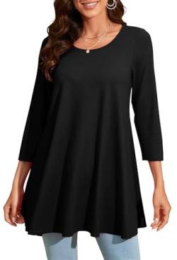 Enmain Tunika Damen Schwarz Langarm Große Größen Lange Oberteile für Frauen Elegant 3/4 Ärmel Longshirt Gemustertes Tuniken Rundhals Tops Bunt T Shirt M von Enmain