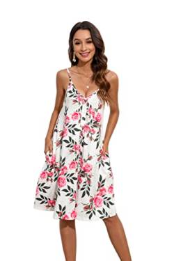 Enmain Weiß Blumen Sommerkleid Damen Strandkleider Spaghettiträger Elegant Midikleid V Ausschnitt Freizeit Kleider Für Damen S von Enmain