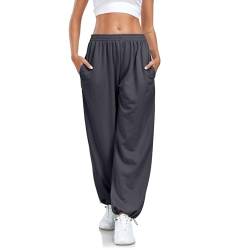 Enwokran Hosen Damen Weites Bein Track Pants Baggy Cargohose High Waist Lässige Loose Sweathose mit Taschen Stretch Sport Jogginghose mit Elastischen Knöcheln (Dunkelgrau, M) von Enwokran