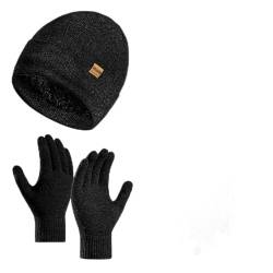 Enwokran Wintermütze Touchscreen Handschuhe Lang Schal Set Unisex Beanie Mütze Fleece Warme Haube Winterschal Kaschmir Strickmütze Strickschal mit Fleece Gefütterte Thermo Handschuhe (Schwarz) von Enwokran