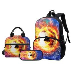 Epaihaiy 3-teiliges Rucksack mit Lunchbox, Federmäppchen-Set für Jungen und Mädchen, Flamme Wasser Fußball Kinder Schulrucksack-Set für Grundschule, Mittelschule, Büchertasche, Federmäppchen von Epaihaiy