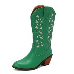 ErikenUrben Damen Embroidered Cowboy Stiefel Chunky Heel Wadenhoch Stiefel Pointed Toe Tall Cowgirl Stiefel Schlupf Tabs Green Große 46 von ErikenUrben