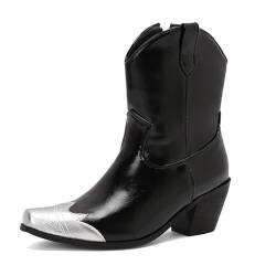 ErikenUrben Damen Metallic Toe Western Knöchel Stiefel Chunky Heel Rodeo Cowboy Stiefel Square Toe Country Stiefel Reißverschluss Black Große 35 von ErikenUrben