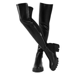 ErikenUrben Damen Schwarz Oberschenkel Stiefel Leder Overknees Stiefel Plateau Chunky Heel Stretch Boots Kniehoch Langschaft Stiefel Reißverschluss Große 39 von ErikenUrben