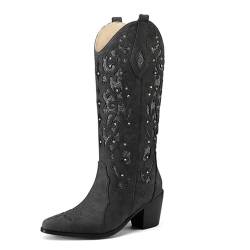 ErikenUrben Damen Sparkle Wadenhoch Sequin Stiefel Embroidered Western Cowboy Stiefel Pointed Toe Glitzer Cowgirl Stiefel Schlupf Black Große 36 von ErikenUrben