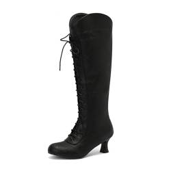 ErikenUrben Damen Vinatge Kniehoch Viktorianische Stiefel Schnüren Kitten Heel Granny Stiefel 70s Renaissance Stiefel Halloween Costume Schuhe Reißverschluss Black Große 44 von ErikenUrben