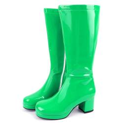 ErikenUrben Damen Weitschaftstiefel Knie Stiefel Lack Leder GoGo Stiefel Chunky Heel Plateau Tall Stiefel 60s Party Ball Costume Schuhe Reißverschluss Green Große 10 von ErikenUrben