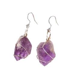 Erliway Heilung Kristall Ohrringe für Frauen Dangling, natürliche Amethyst Zahn Kristall Dangling Ohrringe,Draht Wrap Roh Kristall Anhänger Ohrringe mit Fisch Haken für Geschenk (Silber) von Erliway