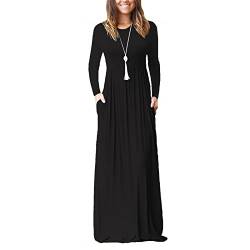 Damen Langarm Loose Plain Maxikleider Rundhalsausschnitt Seitentaschen Lässiges Langes Kleid(XXL-Schwarz) von Estink