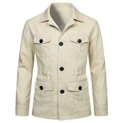 EsukAr Herren Leichte Safari Jacke Lässig Leinen Knopf Bis Multi-Pocket Cargo-Mantel Oberbekleidung,Beige,M von EsukAr