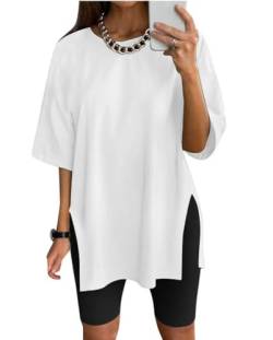 Eunike Oversized Tshirt Damen Sportshirt Kurzarm Blusen Sommer Lockere Oberteile Funktionsshirt Tunika Locker mit Schlitzen Weiß XXL von Eunike