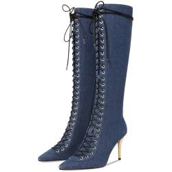 Eusibb Damen Denim Spitzstiefel, Kitten-Heel, spitzer seitlicher Reißverschluss, kniehohe Denim-Stiefel, Blau, 38 EU von Eusibb