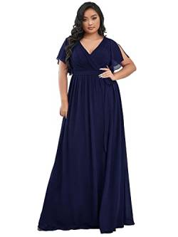 Ever-Pretty Plus Damen Ballkleider Große Größe Gürtel A-Linie Empire Kurze Ärmel Cocktailkleider V-Ausschnitt Chiffon Elegant Navy Blau 54EU von Ever-Pretty Plus