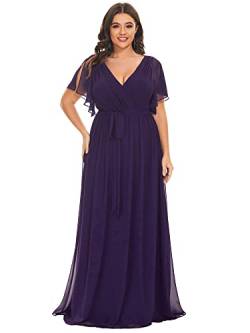 Ever-Pretty Plus Damen Partykleider Große Größe Gürtel A-Linie Empire Kurze Ärmel Cocktailkleider V-Ausschnitt Chiffon Elegant Dunkelviolett 50EU von Ever-Pretty Plus