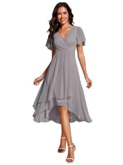 Ever-Pretty Brautjungfernkleid Asymmetrisches High Low A-Linie V Ausschnitt Rüschenärmel Elegante Ballkleid Grau 46 von Ever-Pretty