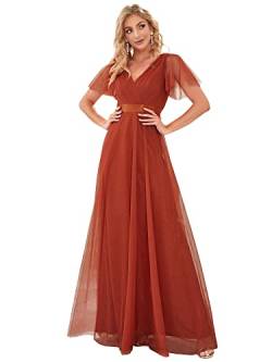 Ever-Pretty Damen Abendkleid Lang A-Linie Tüll Brautjungfer Partykleid Kurze Ärmel Gebrannte Orange 40 von Ever-Pretty